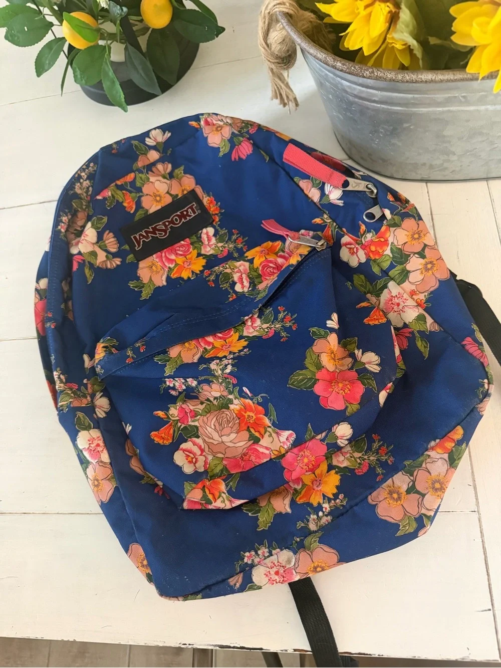 Jansport Navy Floral Backpack with Pink & Yellow Blooms